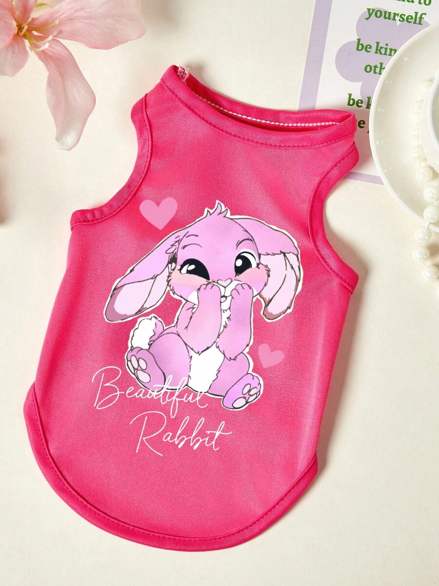 PETSIN 1件粉色口罩，兔子爱心字母印花宠物背心，玫瑰红透气亲肤宠物服装 - 玫紅色 - 查看 1