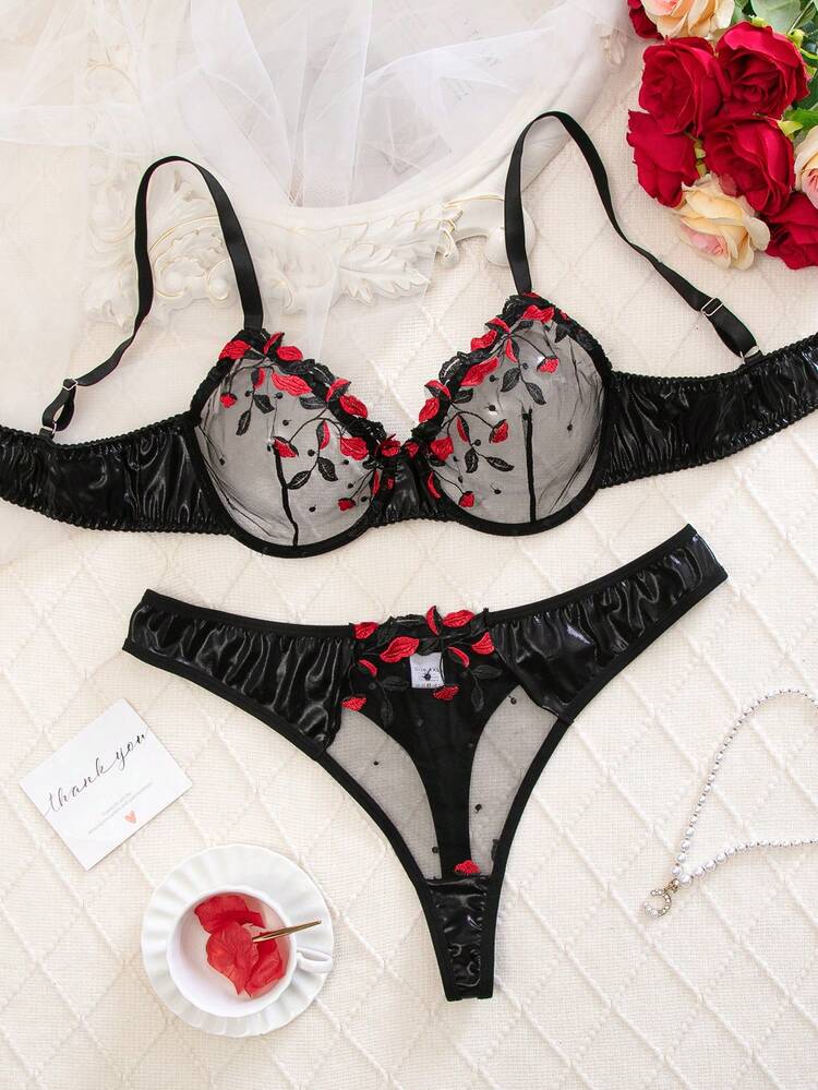 SHEIN 2 piezas Conjunto de sujetador con aros y bordado de malla para tallas grandes, con efecto de elevación - Multicolor - Añade 3