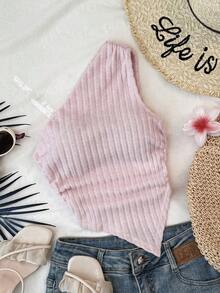 SHEIN Tween Girls' Pink Ribbed Knit Asymmetric Shoulder Ruched Waist Asymmetrical Hem Fitted Camisole Top - Pink - View 1