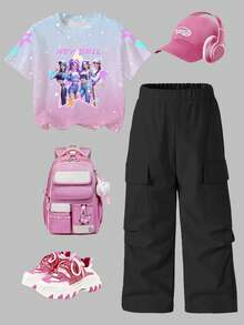 2pcs/Set Girls' Idol Group Printed Top & Ombre Digital Print Round Neck T-Shirt With Black Straight Leg Cargo Pants, Streetwear Casual Comfortable Fashion Suitable For All Seasons, Korean Girl Group KPOP Inspired Girls Outfit Sets Teenage Girl Clothes Sets Big T Shirt And Pants For Girl Baggy Pants Outfit Girls