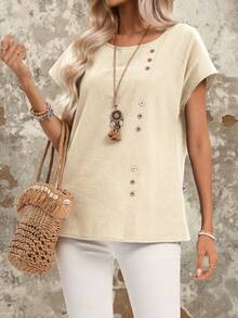 EMERY ROSE 纽扣细节圆领蝙蝠袖休闲衬衫 女士夏季纯棉衬衫 - 卡其色 - 查看 5