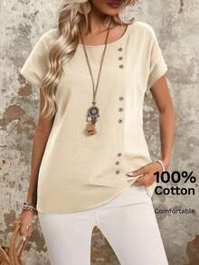 EMERY ROSE 纽扣细节圆领蝙蝠袖休闲衬衫 女士夏季纯棉衬衫 - 卡其色 - 查看 8