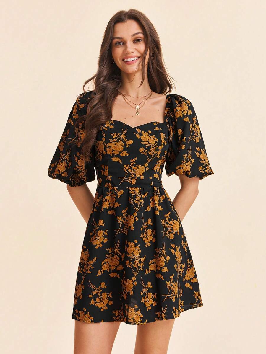 Coeurva Floral Print Sweetheart Neck Puff Sleeve Summer Dress