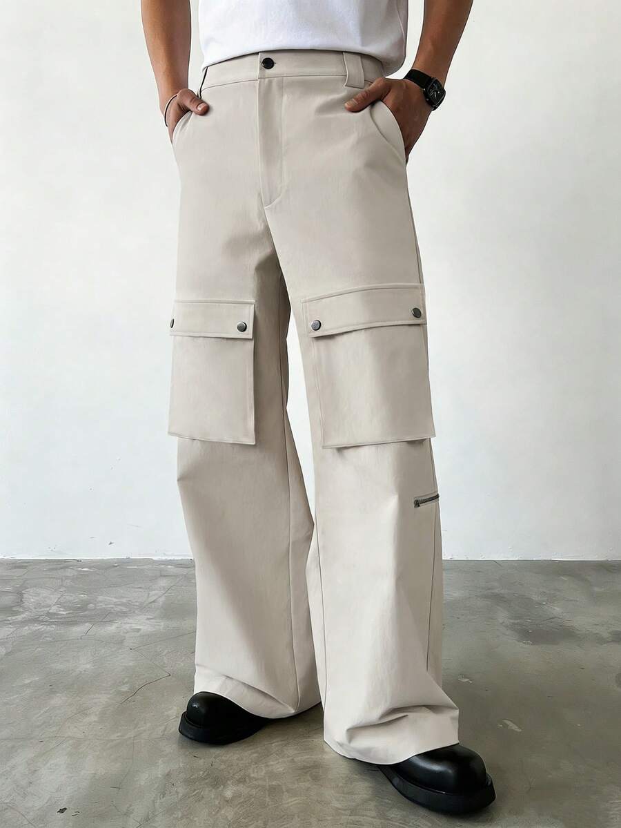 Manfinity Dauomo Pantalones casuales de hombre de unicolor con estilo cargo y bolsillos sueltos - Albaricoque - Ver 1