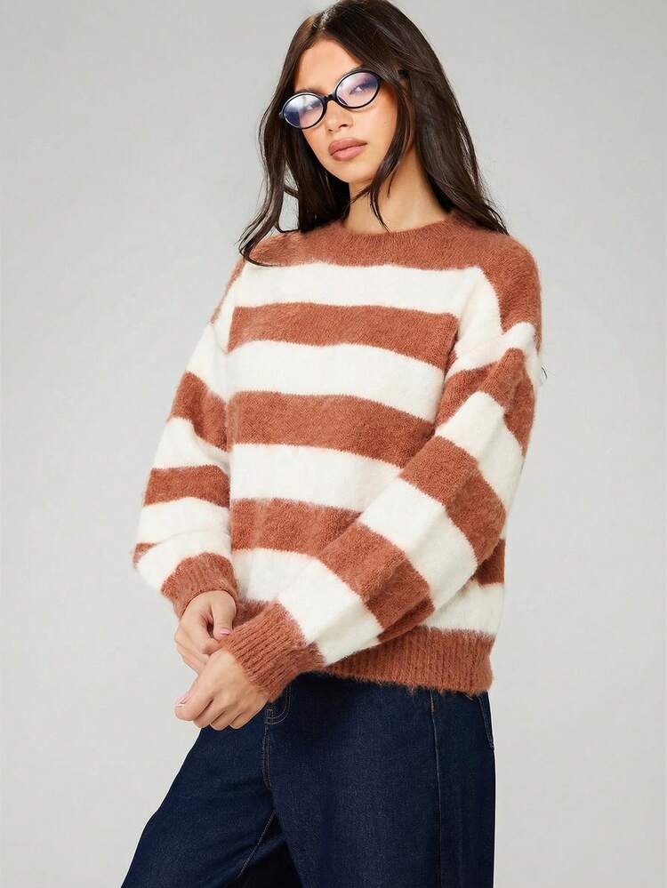 MISSGUIDED 포근한 스트라이프 오버사이즈 니트 스웨터 겨울 가을 캐주얼 라운드넥 따뜻하고 퍼지한 긴소매 풀오버 청키 슬라우치 니트웨어