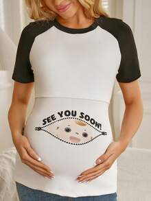 SHEIN Contrast Color Casual Comfortable Printed Nursing Maternity T-Shirt - Black and White - View 4