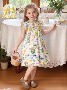 SHEIN Vintaside Kids 女童春夏新款连衣裙，梭织纹理面料，可爱兔子数码印花图案，正面蝴蝶结装饰，无袖修身A字圆领连衣裙，适合可爱、俏皮、淑女的休闲穿着，日常、上学、外出、度假、派对等场合皆宜。迷人的女童黄色碎花印花短款A字下摆复活节连衣裙，带有荷叶边细节。迷人的儿童圆领荷叶袖黄色涤纶连衣裙，可爱植物图案，宽松短款荷叶边下摆，适合春季穿着。优雅的派对连衣裙。 - 黃色 - 查看 5