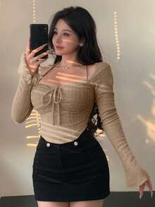 DAZY 女款紋理毛絨綁帶領抽繩喇叭袖上衣，長袖T恤，粉色，秋冬外出上衣 - 卡其色 - 查看 2