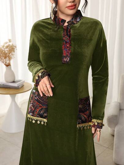 Al Najma Women's Mandarin Collar Graphic Print Sequin Patchwork Long Sleeve Arabic Style Dress