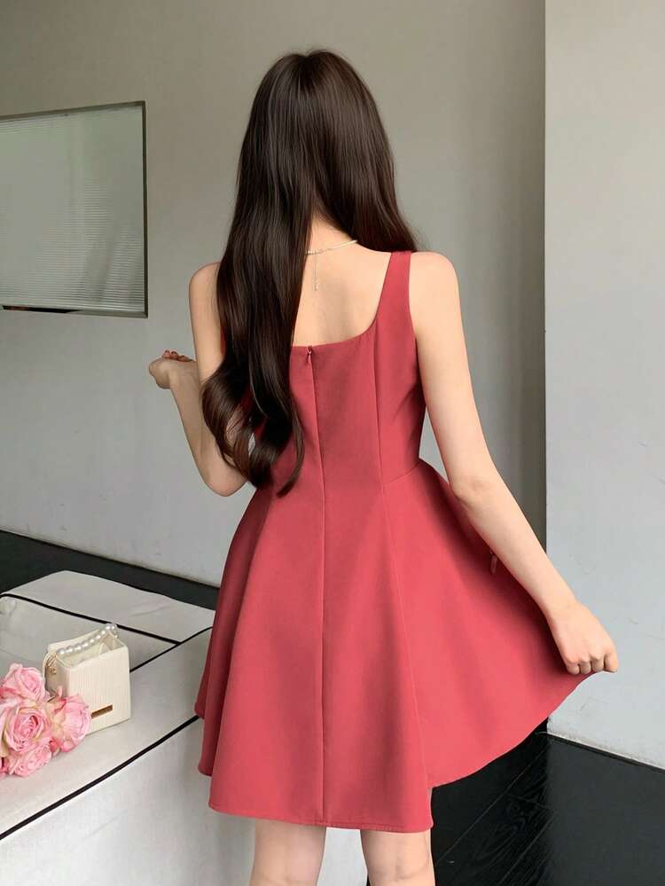 Women's Elegant 3D Bow Decor Square Neck Sleeveless Mini Dress, Summer Wedding Guest Dress Sundress Cocktail Dress