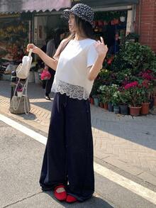 DAZY Women's Round Neck Lace Patchwork Short Sleeve Casual Chic Korean Style T-Shirt, Spring/Summer - White - View 8