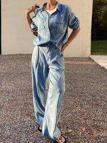 DAZY 女士休闲水洗口袋衬衫和阔腿牛仔裤套装，春秋季，婚礼宾客礼服 - 藍色 - 查看 5