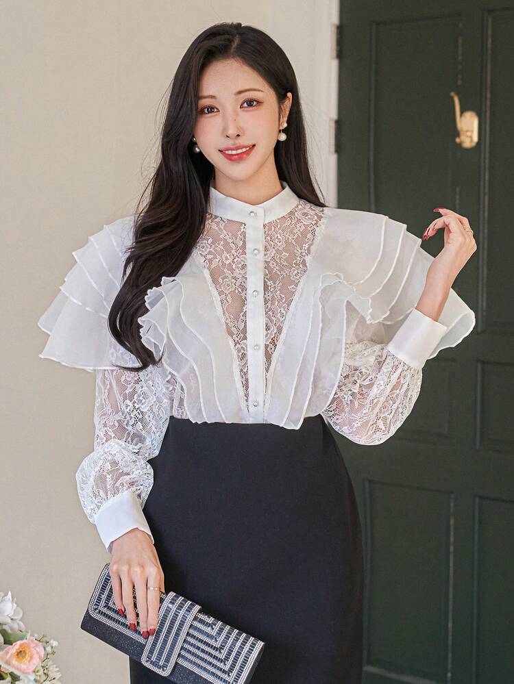 Women's Elegant Lace Patchwork Ruffle Hem Blouse, Spring/Summer,Wedding Guest Dress Women