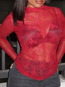 Tyla Gomez Women's Stand Collar Long Sleeve Lace Sheer Fitted Blouse - Burgundy - View 3