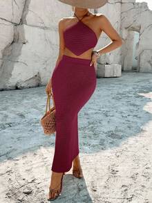 Breezaya Women's Solid Color Minimalist Halter Top And Skirt 2-Piece Casual Vacation Set - Burgundy - View 3
