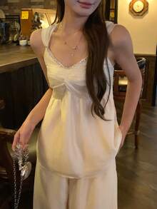 DAZY 女士系带荷叶边休闲衬衫和宽松长裤两件套，清新韩风，适合春夏穿着 - 黃色 - 查看 4