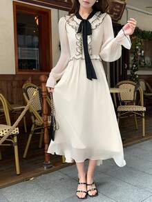 DAZY Đầm midi nữ kiểu dáng thường ngày, xếp ly, buộc dây, thích hợp cho tiệc tùng, sinh nhật, kiểu dáng mùa hè tươi trẻ. - Màu be - Xem 4