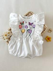 SHEIN 女婴白色无袖花卉蝴蝶印花连体衣，饰有蝴蝶结，可爱休闲，适合夏季外出、旅行和度假。 - 白色 - 查看 3