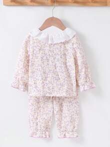 SHEIN Baby Girls Fall Autumn/Winter Pajamas-2 Pieces Floral Ruffle Collar Pajama Set Pink Pastel Long Sleeve Round Neck Button Front Pants Two Pieces Cozy - Purple - View 2