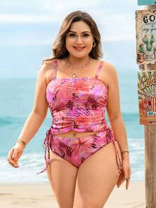 Swim Vcay Plus Size Women Tropical Plant Print Tankini Swimsuit Set - Multicolor - View 3