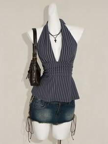 SHEIN ICON Halter Deep V-Neck Cinched Waist A-Line Backless Striped Tank Top - Grey - View 4