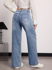 SHEIN Tall Summer And Spring Women's Casual Loose Fit Straight Leg Jeans Sparkling Rhinestone Design Fashion Party Valentine's Day Comfortable Blue Washed Straight-Leg Jeans - Medium Wash - View 2