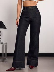 SHEIN Tall Women's High Waist Pocketed Wide Leg Loose Casual Versatile Jeans Summer And Spring Valentine's Day Wedding Elegant Denim Jeans - Dark Wash - View 7