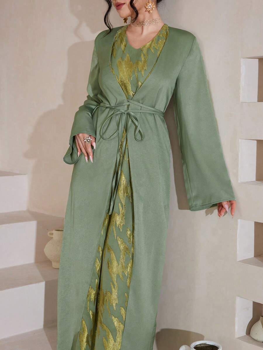 Al Najma 女士绿色编织镂空系腰优雅阿拉伯风格连衣裙，春夏款 - 綠色 - 查看 1