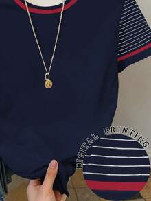 Resyla 女士休闲条纹拼接圆领短袖T恤，夏季 - 藏蓝色 - 查看 3