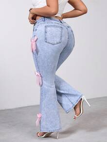 SHEIN PETITE CURVE Quần jean ống loe màu hồng thanh lịch, trang trí nơ, co giãn, thoải mái, thích hợp cho mùa hè và mùa xuân, dành cho các bữa tiệc Valentine, lễ hội hóa trang, tiệc tùng. - Rửa nhẹ - Xem 2