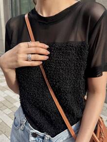 FRIFUL Camiseta de mujer de verano de unicolor, con parches de malla transparente, ajuste ceñido y versátil - Negro - Ver 6