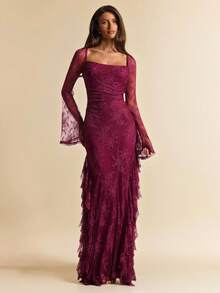 SHEIN BAE 酒红色长袖蕾丝方领褶皱优雅蕾丝连衣裙，适合鸡尾酒会、浪漫约会、聚会、伴娘礼服、情人节、女士夏季连衣裙、下午茶礼服、早午餐礼服、优雅连衣裙、红色蕾丝连衣裙 - 酒紅色 - 查看 6