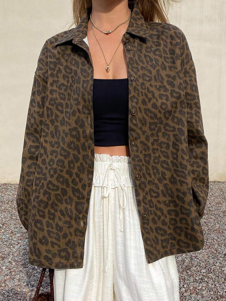 Loose Casual Vacation Style Brown Leopard Print Butterfly Women Denim Jacket And Coat, Spring/Summer