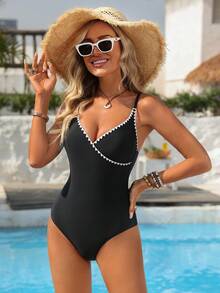 Brillora Women's Summer Beach Vacation Contrast Binding Strap One-Piece Swimsuit - Black - View 3