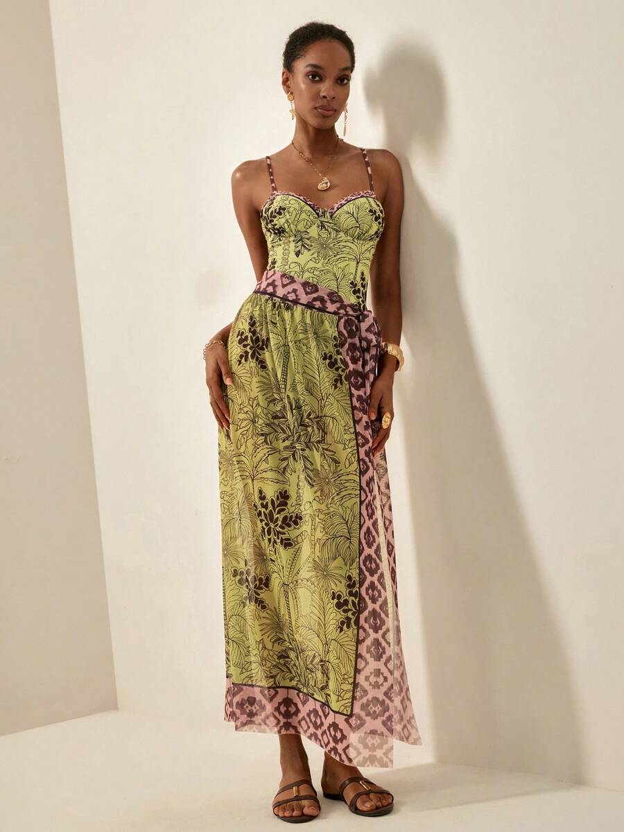 Écloséra 女士两件式印花性感吊带连体泳衣，侧边系带裙摆，夏季 - 彩色 - 查看 1