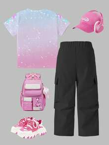 2pcs/Set Girls' Idol Group Printed Top & Ombre Digital Print Round Neck T-Shirt With Black Straight Leg Cargo Pants, Streetwear Casual Comfortable Fashion Suitable For All Seasons, Korean Girl Group KPOP Inspired Girls Outfit Sets Teenage Girl Clothes Sets Big T Shirt And Pants For Girl Baggy Pants Outfit Girls