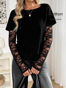 Easowa 圆领蕾丝拼接二合一长袖套头T恤，休闲宽松优雅通勤复古风女装，2025秋冬新款极简主义冬季女式黑色纯色不对称下摆撞色蕾丝优雅T恤缎面蕾丝黑色T恤 - 黑色 - 查看 1