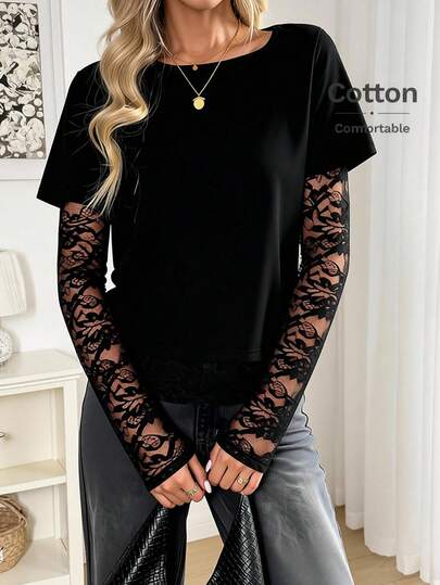 Easowa Rund halsringad spetslapptäcke 2-i-1 långärmad t-shirt, avslappnad elegant pendlare i vintagestil för kvinnor, höst/vinter 2025 ny ankomst minimalism vinter damer svart enfärgad asymmetrisk fåll kontrasterande spets eleganta t-shirts satintyg med spets svarta t-shirts