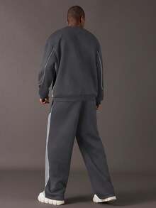 STYNVO 男士字母刺绣图案圆领长袖卫衣和口袋运动裤休闲套装，适合秋冬季外出穿着 - 灰色 - 查看 2