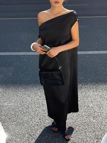 DAZY Vestido de verano elegante de longitud media, de hombros oblicuos, suelto y de unicolor para mujer - Negro - Ver 1