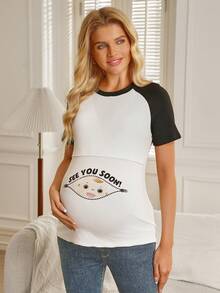 SHEIN Contrast Color Casual Comfortable Printed Nursing Maternity T-Shirt - Black and White - View 3