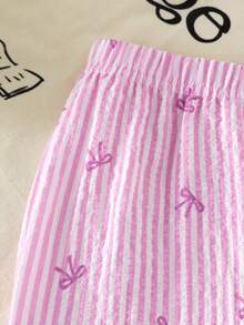 Young Girl' Cute Striped Bow Print Camisole And Wide Leg Pants Set, Summer - Mauve Purple - View 4