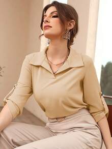 Mulvari 女士纯色翻领卷袖优雅办公衬衫，春夏款 - 杏色 - 查看 2