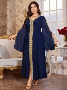 Reflora 大码女式贴花装饰开衩袖优雅连衣裙 - 藍色 - 查看 16