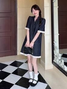 DAZY Gaun Denim Washed Leher V Warna Kontras Retro untuk Wanita, Cocok untuk Sekolah - Biru - View 5