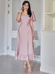 DAZY 女士优雅纯色方领荷叶袖连衣裙，春夏婚礼宾客礼服长款连衣裙 - 粉色 - 查看 3