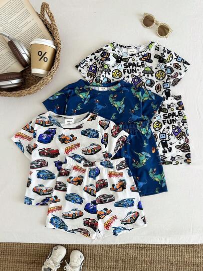 SHEIN 6pcs Baby Boy Snug Toddler Boy Cutecore Fit Snug Fit Graphic Print Short Sleeve Shorts Pajama Set, Summer Knit Tight Sleepwear,Spring To Summer