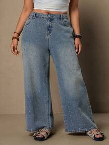 Freevana Plus Size Casual Washed Rhinestone Decor Wide Leg Jeans, Summer, Summer, Spring, Spring Women, Carnival, Carnival Costume, Party , Beach , Going Out, For Date, Party, Cocktail, Formal Events, Vacation, Office, Work, Commute, Wedding Guest, And Western Festival - Blue - View 2