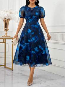 SHEIN Lady 女士极简印花泡泡袖连衣裙 - 彩色 - 查看 3