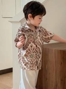 DAZY Toddler Boys' Allover Print Casual Turndown Collar Short Sleeve Vacation Top, Spring/Summer - Coffee Brown - View 3